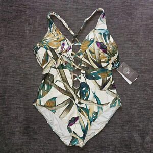 Vince Camuto Women's Rainforest Strappy Leaf Print One Piece Swimsuit Size 8